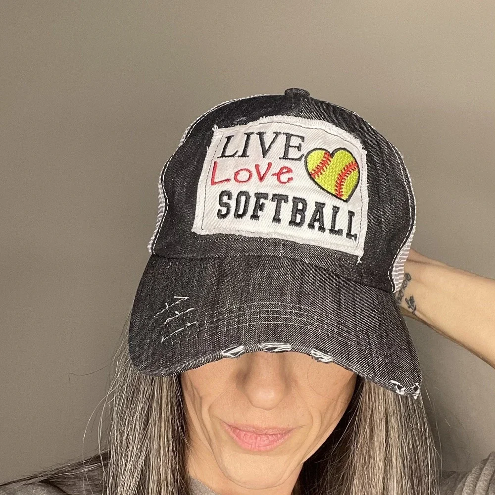 Women's Softball Mom Hat- Ball Cap‎ 'Live Love Softball' Gray/Mesh, Adjustable